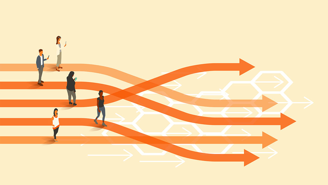 Five people stand on a set of parallel arrows that are seen to change or change, indicating the idea of ​​rearranging or recombining tasks.