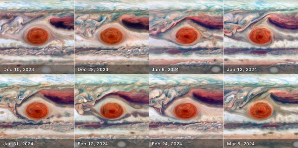 Hubble images allowed scientists to measure the Red Spot's size, shape, brightness and color over one full cycle of oscillation.